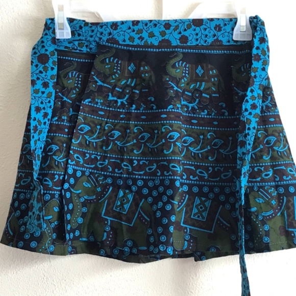 New Blue Green Elephant India new 100% cotton wrap SKIRT - Picture 2 of 4